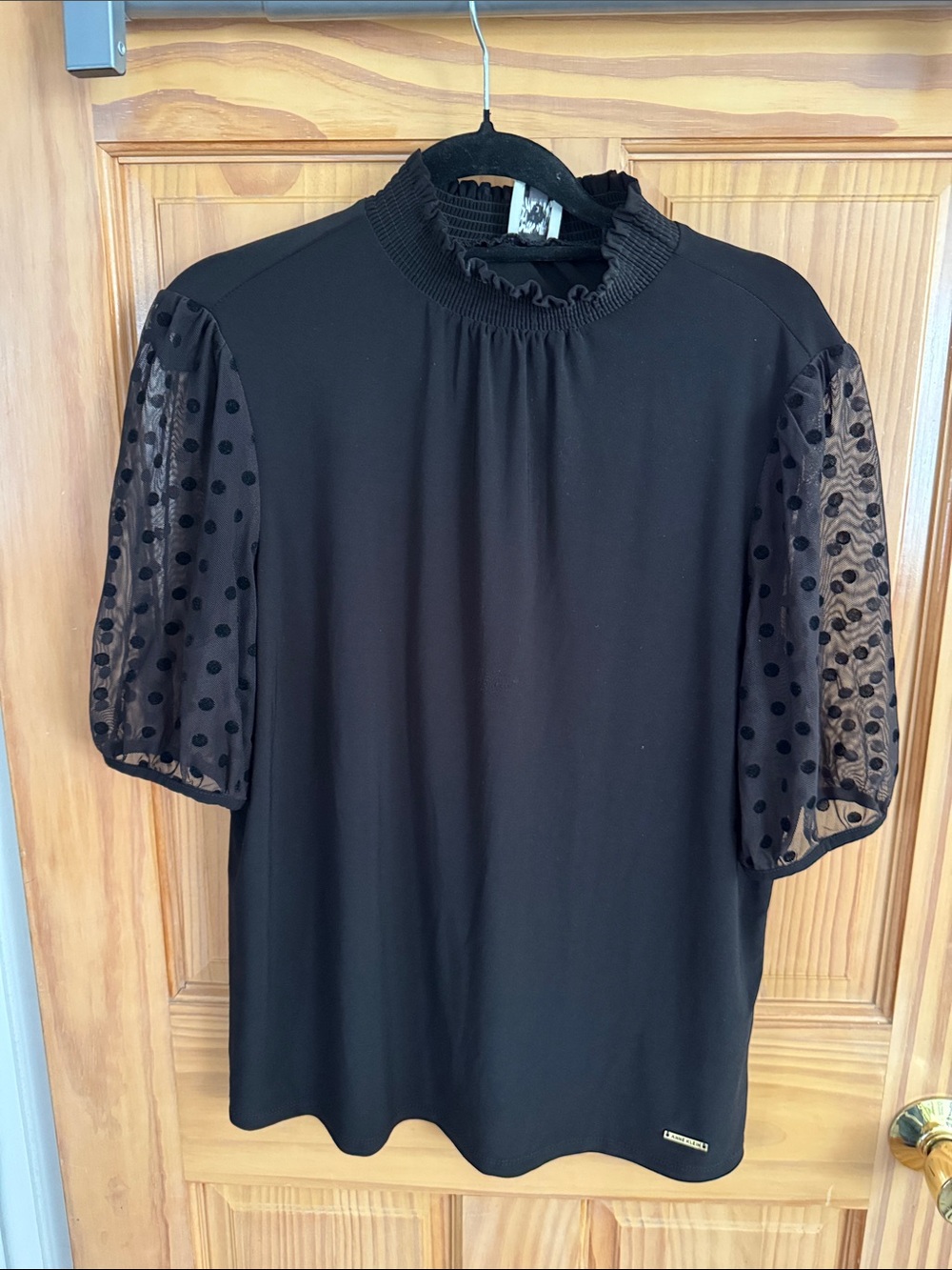 Anne Klein Black Polka Dot Mesh Sleeve Blouse